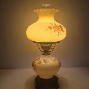 Vintage Gone With The Wind Style Hurricane Lamp Floral Hand Painted Glass 21"